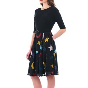 eShakti Celestial A Line Midi Dress Sz Medium Stars Moon Constellations Stretch